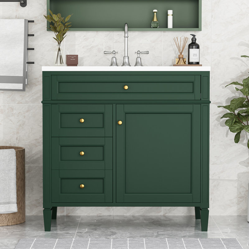 Meuble-lavabo simple 36 po avec lavabo supérieur, 2 tiroirs et tiroir escamotable, Vert/doré