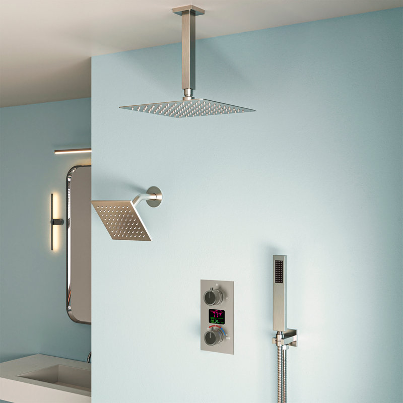 Dual Showerheads Digital Shower System, 12" Ceiling Mount Rainfall Shower Faucet with Handheld Shower, Brushed Nickel