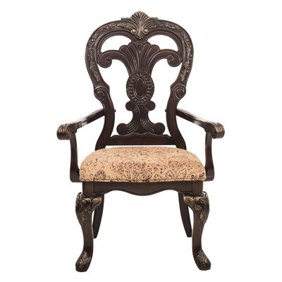 Blazek Of 2 Armchairs For Dining, Traditional Style, Cherry Finish With Gold, Fabric Seat, 22" Seat Width, 250Lbs Weight Capacity Armchairs, And Gold Ornaments, Upholstery, Capacity, 19.5" Depth, Dining