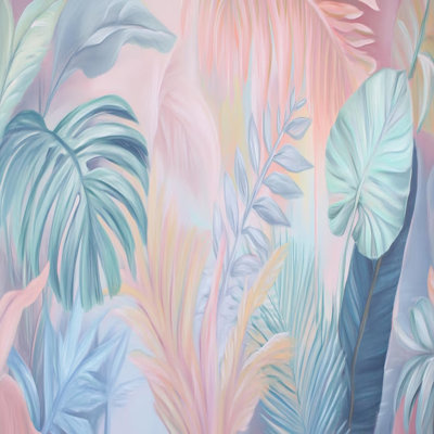 Papier peint botanique tropical pastel, motif de feuilles peintes à la main rose et bleu doux pour chambre d'enfant, salon et intérieurs scandinaves modernes