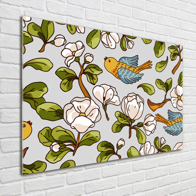 Flowers And Birds - No Frame Print on Glass