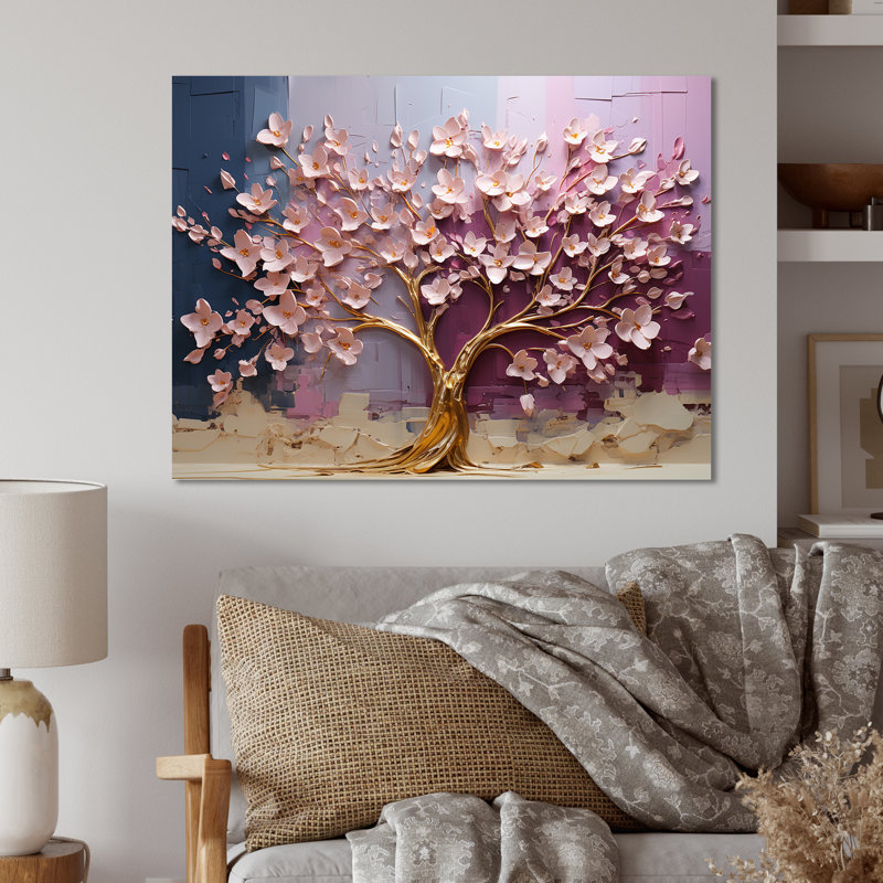 Orchidée rose et or Garden Of Branches III - arbre, art mural en métal, H 30 po x l 40 po x P 1,5 po
