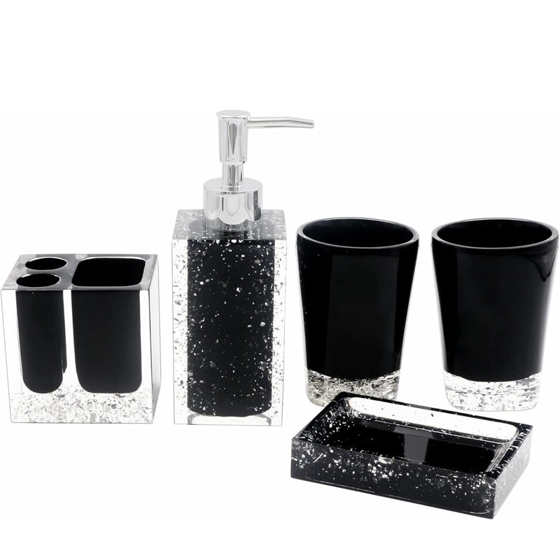 5-Piece Resin Bathroom Kit: Soap Dish, Dispenser, Toothbrush Holder, Tumbler, Black