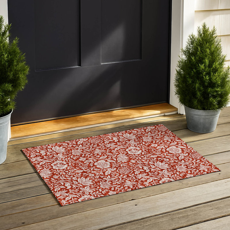 Machine Washable Indoor/Outdoor Chantille ACN2572 Floral Rug, 1'8" x 2'6", Red
