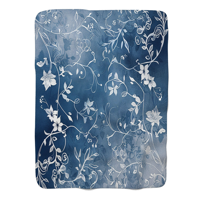 Blue Wash Florals - 1 Piece Premium Sherpa Blanket, Queen