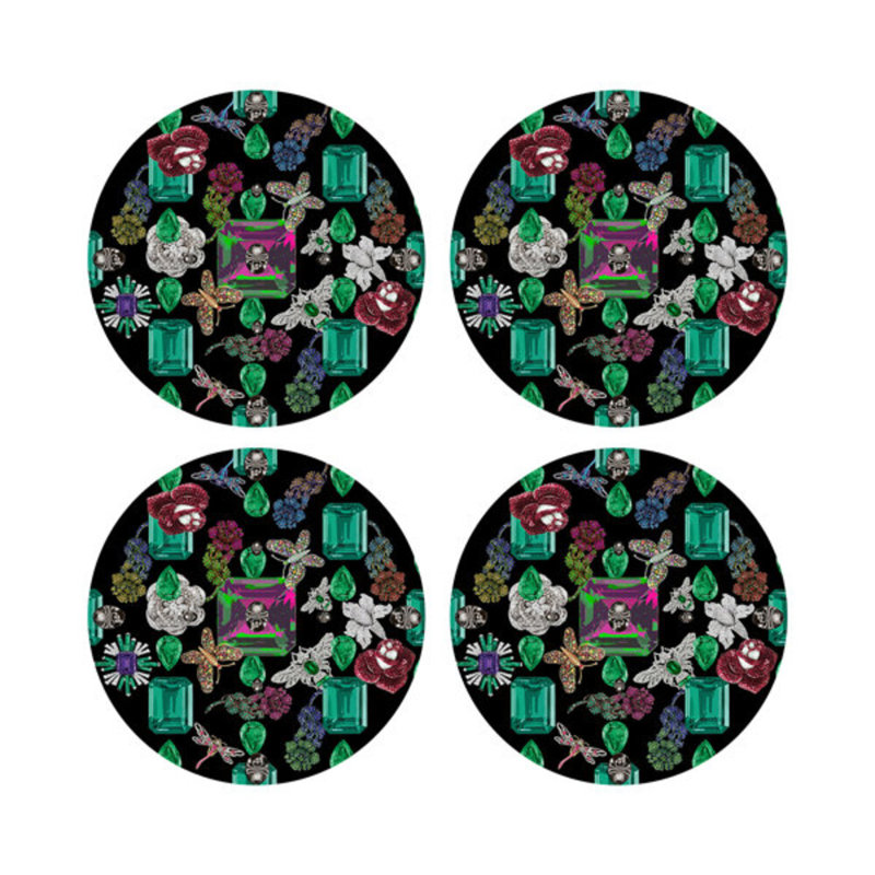 Jewel Box Emeralds Vegan Leather Round Beaded Placemat, Black