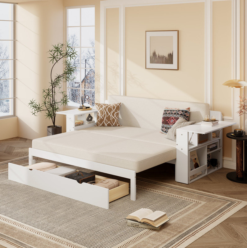 Queen Size Daybed with Removable Desk, Storage Drawers & Hydraulic Side Table, White, Queen , White