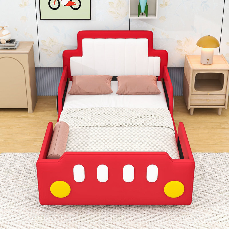 Upholstered Twin Race Car-Inspired Platform Bed With Guardrails And Sturdy Slats, Red