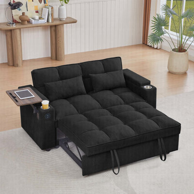 Canapé-lit en chenille avec accoudoirs avec rangement, port USB et table d'appoint
