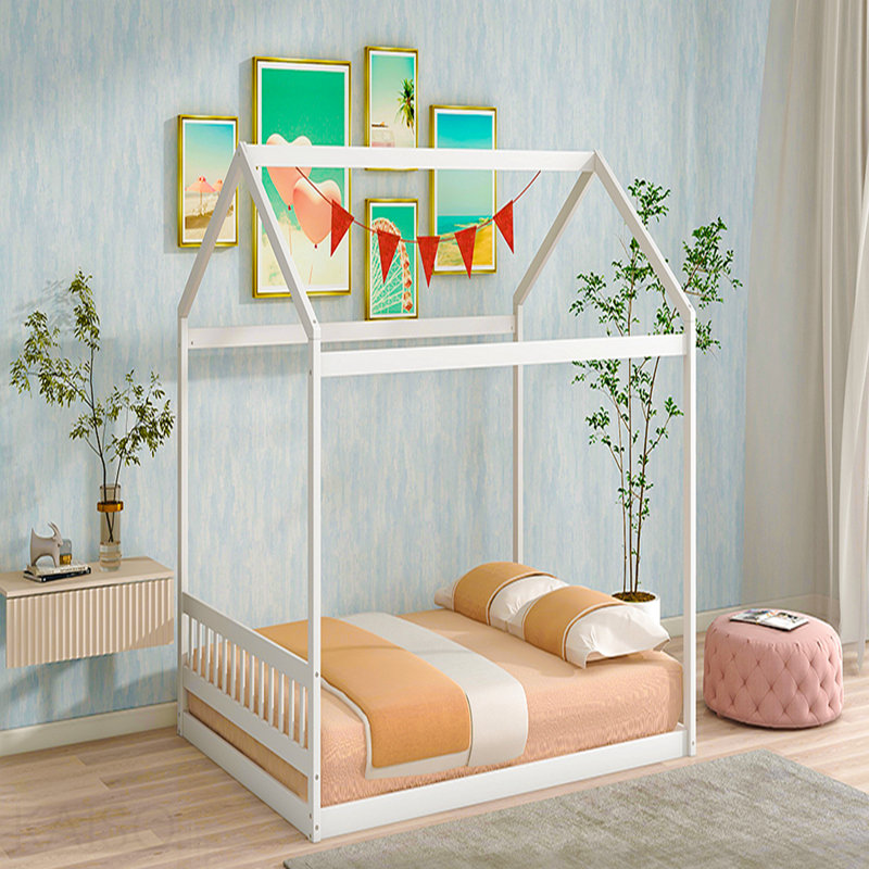 Grand lit maison en bois avec tête de lit, blanc, Blanc