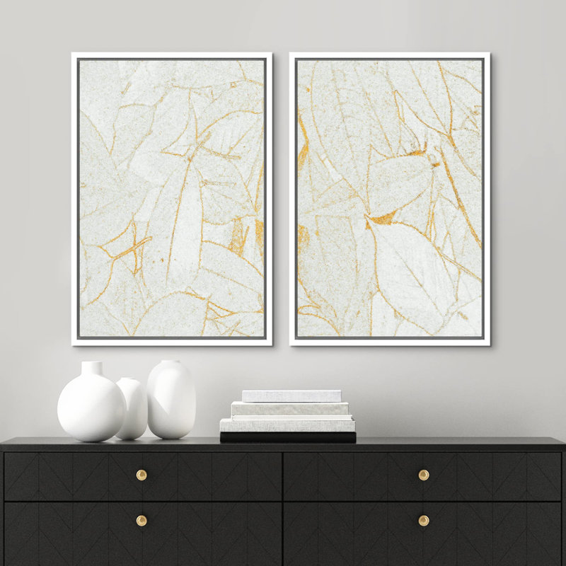 «Or et blanc, feuilles de jungle tropicale, images murales, art moderne, chambre à coucher rustique et minimaliste», 2 pièces