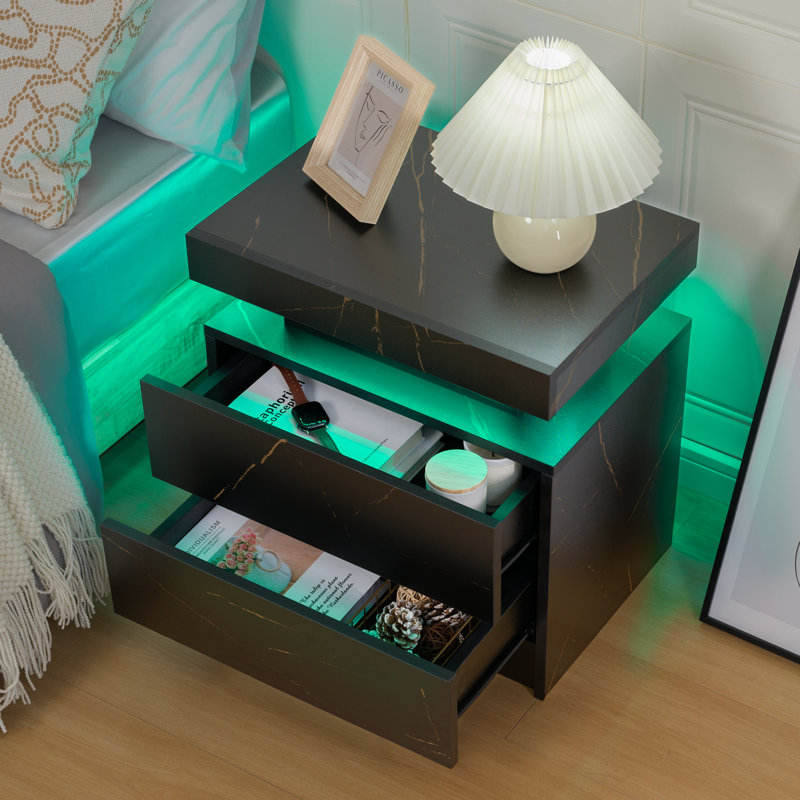 20'' W Particle Board / Chipboard Nightstand, Black Marble, Set of 2