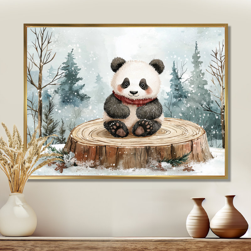 Marlborough, joli panda dans un paysage d'hiver - art mural panda, H 16 po x l 32 po, Impression encadrée flottante, Doré