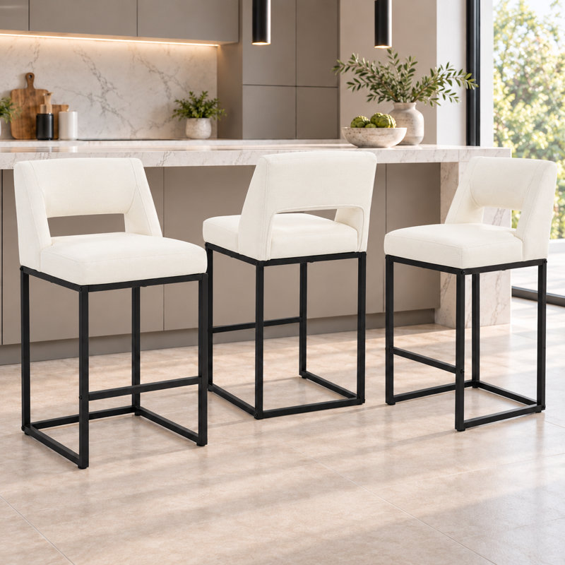 Tabouret 26 "de hauteur comptoir rembourré avec dossier ouvert et structure en métal, Noir, Linen Fabric