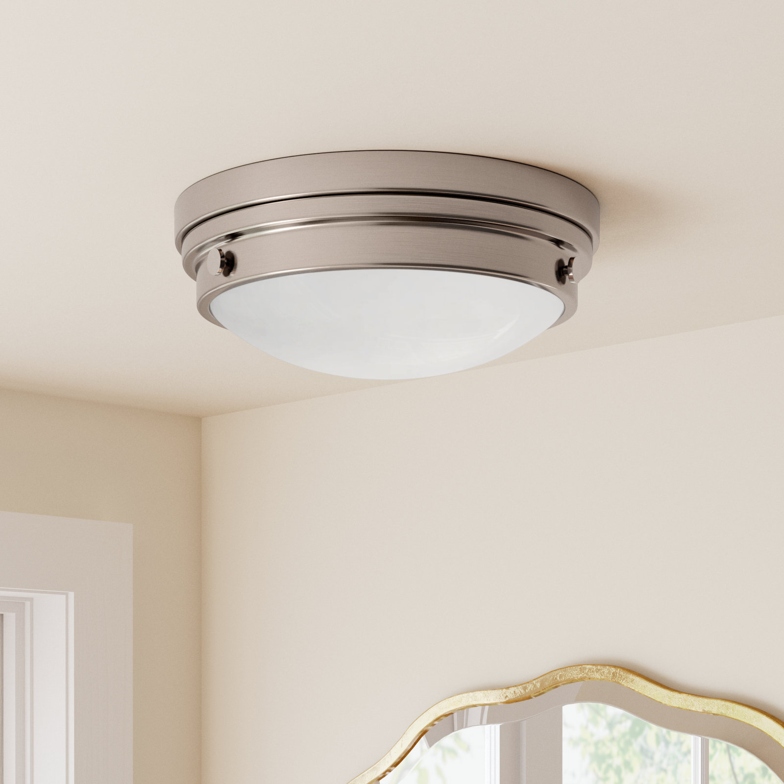 Helmsford 2-Light Flush Mount, Satin Nickel