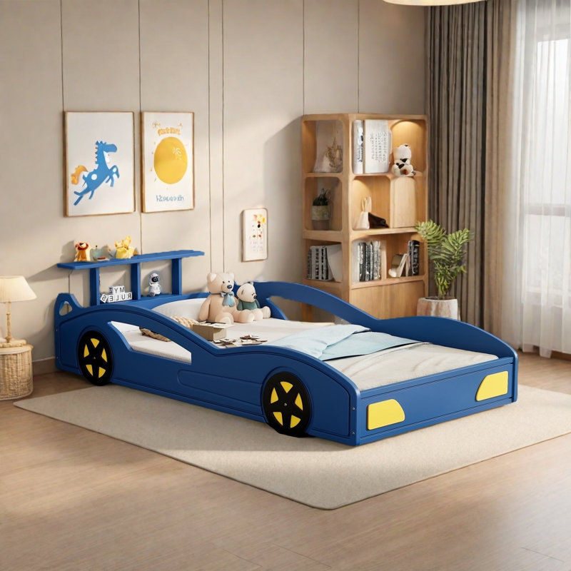 Kids Car Bed With Tail Style Shelves, Blue