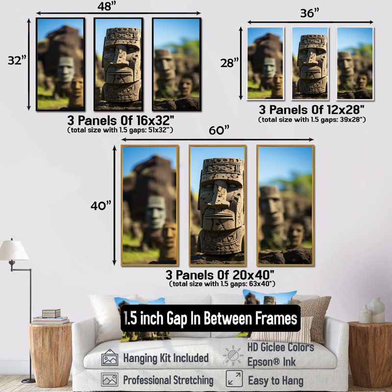 Art moderne brun, Moai Marvel, art asiatique I - Art mural asiatique, H 28 po x l 36 po, Cadre flottant noir