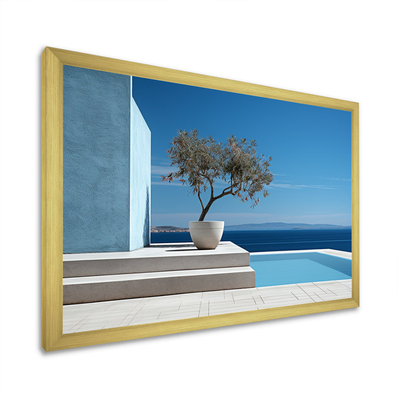 «Grèce Beach House Views Tranquility - Coastal Beach», art mural, H 16 po x l 32 po x P 1 po, Cadre doré simple