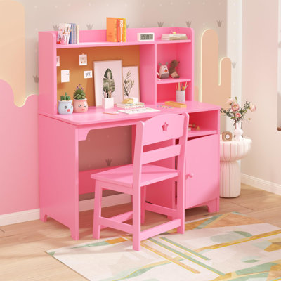 Ensemble de bureau et chaise pour enfants avec huche - Table d'étude en bois blanc avec armoire de rangement, poste de travail ergonomique pour chambre d'enfant et salle d'étude, rose
