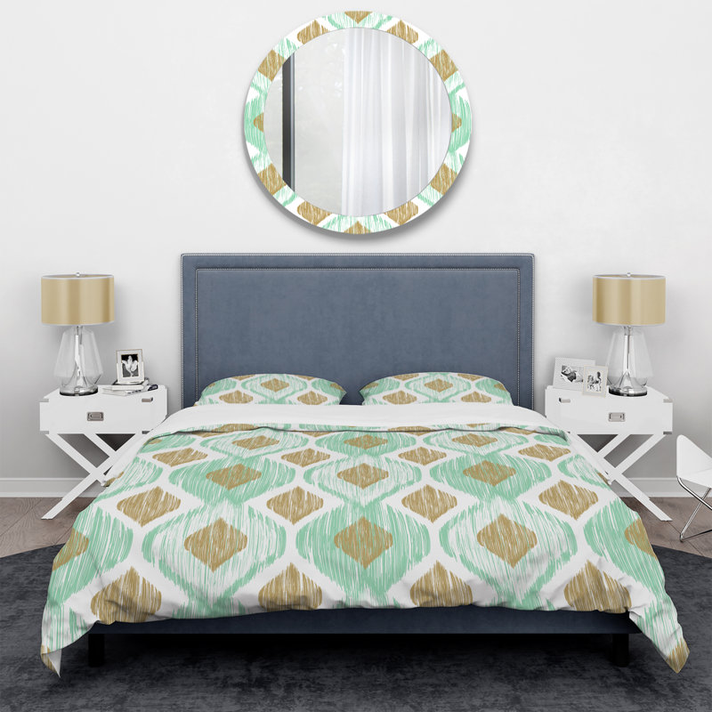 Ensemble de housse de couette à motif ikat Ogee vert et doré, Housse de couette pour grand lit et 2 taies décor