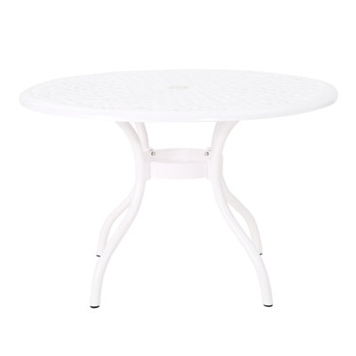 48 - Inch Round Patio Table Made Of Aluminum With Hammered Bronze Appearance, And Design, Umbrella Hole, Curved Legs, White Main Color, 39.38 Lb For Al Meals Outdoor Inches Big, Boasting Finish,