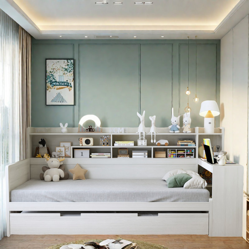 Multifunctional Wooden Daybed With Storage Shelves, Study Desk And Trundle, Twin, White