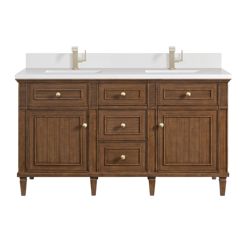 Lorelai 60'' Double Bathroom Vanity with Top, Mid-Century Walnut, White Zeus, Single-Hole