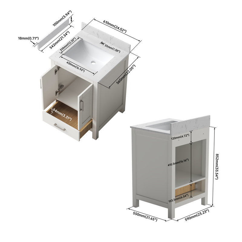 Meuble-lavabo simple Felix de 24 po entièrement assemblé avec comptoir et dosseret en marbre reconstitué, 24"
