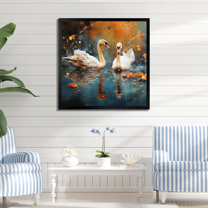 Cygnes blancs à l'étang - Art mural animaux cygnes, Noir, H 16 po x l 16 po