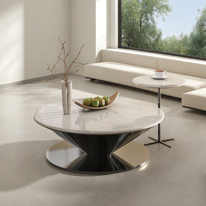 Table basse ronde en marbre avec soucoupe volante, H 15 po x L 35,4 po x l 35,4 po, Blanc