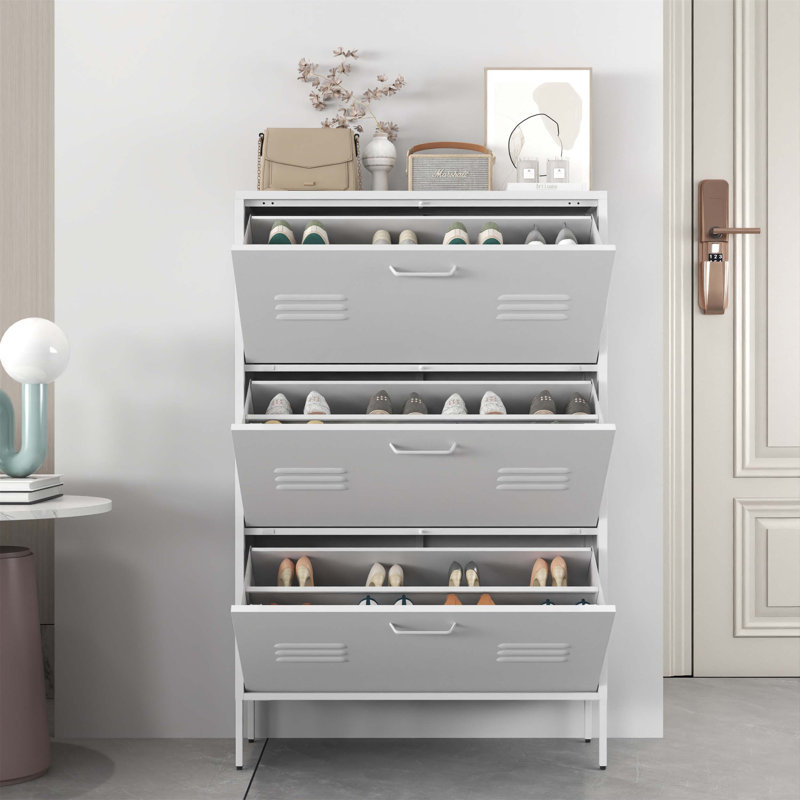 Armoire de rangement pour chaussures autoportante avec 3 tiroirs rabattables et une structure en métal, idéale pour les vestibules, les couloirs et les vestibules