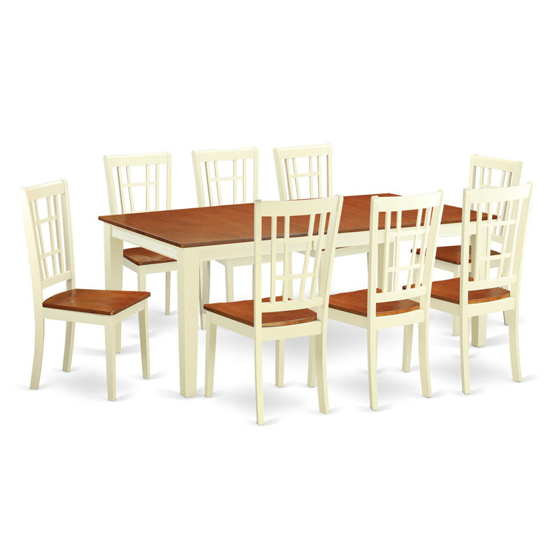 Cet ensemble de salle à manger 9 pièces comprend une table de salle à manger rectangulaire avec feuille papillon et 8 chaises de cuisine, babeurre et cerise