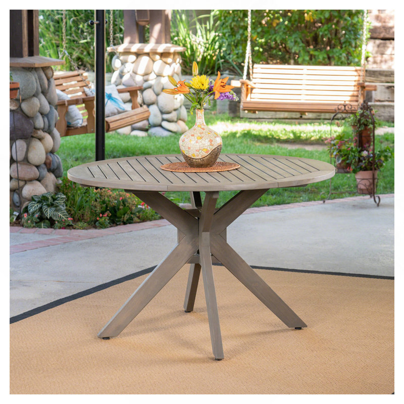 Stanford Outdoor Round Acacia Wood Dining Table With X Base, Gray Finish