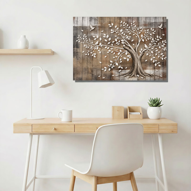 Tableau sur toile représentant un arbre blanc avec des oiseaux sur des planches de bois patinées, H 16 po x l 24 po