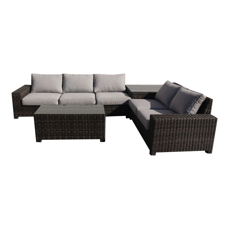 Ensemble de canapé modulaire 5 pièces en chêne argenté avec 1 causeuse gauche et 1 causeuse droite, 1 fauteuil sans accoudoir, 1 table de bout d'angle et 1 table basse Courtyard