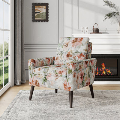 Fauteuil d'appoint à motif floral pastel orange et vert avec pieds en bois massif brun foncé