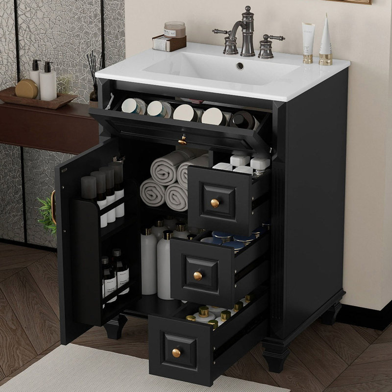 Meuble-lavabo autoportant 24 po avec lavabo en céramique 24 po, Noir