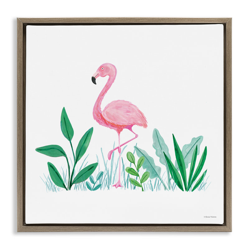 «Summer Flamingo & Fronds» par Susan Ball, H 25 po x l 25 po, Cadre flottant orme Montalcino