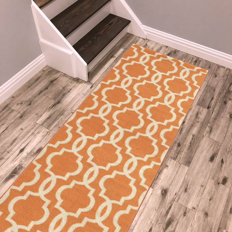 Tapis rayé orange / ivoire Maumelle, Tapis de couloir 1 pi 10 po x 10 pi
