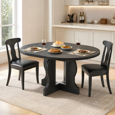 Expandable Farmhouse Dining Table, Round to Oval Wood Table Seats 4-6, Space-Saving Solid Wood Base