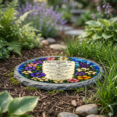 STEPPING STONE - Stained Glass LOOK PROVERBS 31 VERSE STONE GRAY