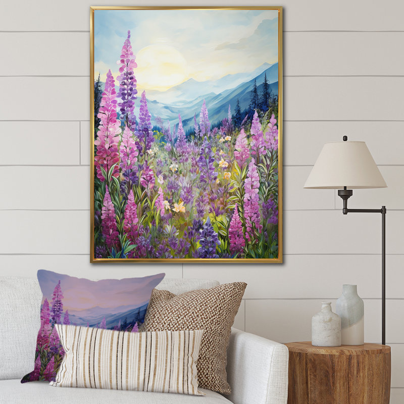 «Pink Ferns Hill In Canada III», reproduction sur toile, Cadre flottant doré, H 32 po x l 16 po