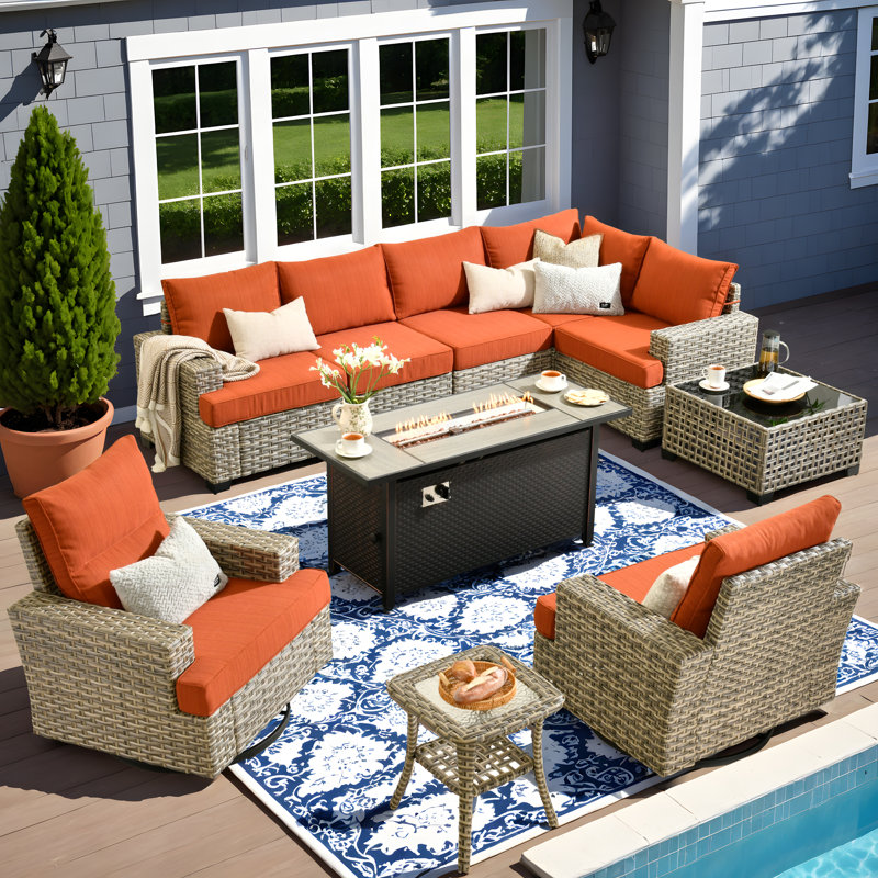 Canapé d'extérieur 10 pièces avec poêle et table basse, taille profonde et coussin épais, Orange