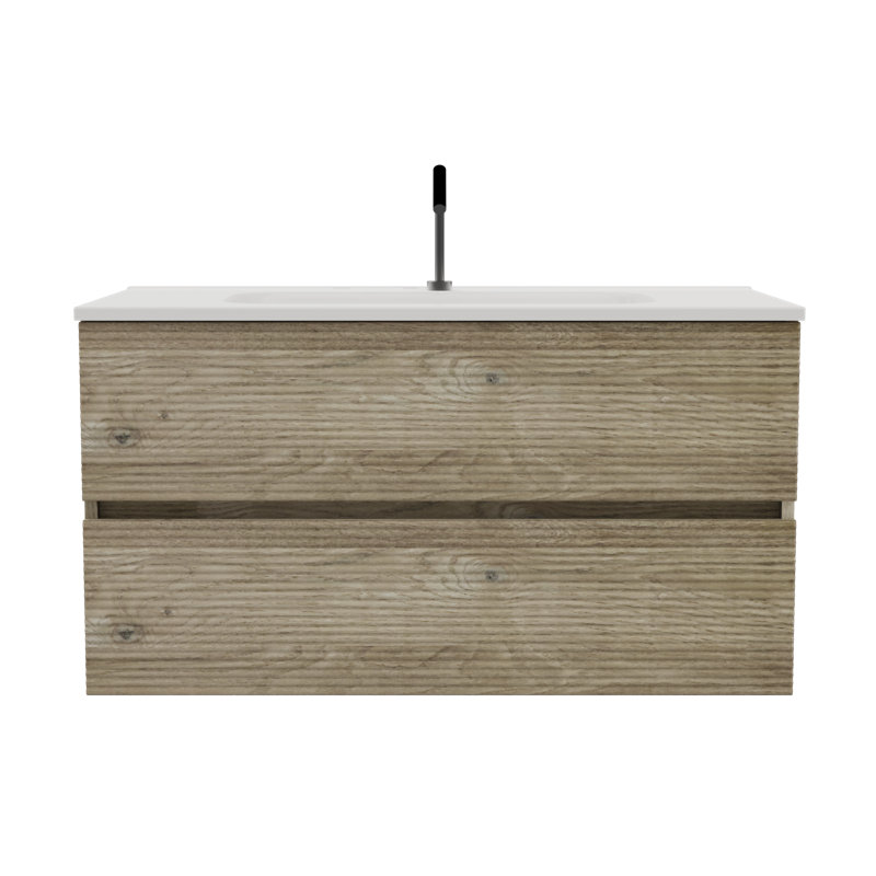 Meuble-lavabo moderne minimaliste en céramique et chêne brut pour un rangement luxueux