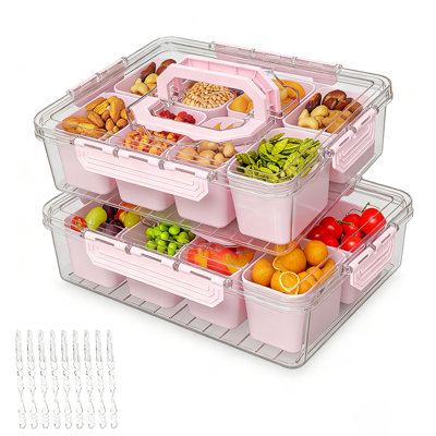 Divided Serving Tray With Lid & Handles, 8-Compartment Snack Box, Charcuterie Organizer For Candy, Nuts, Fruits, Snacks, Pink, 2 Pack
