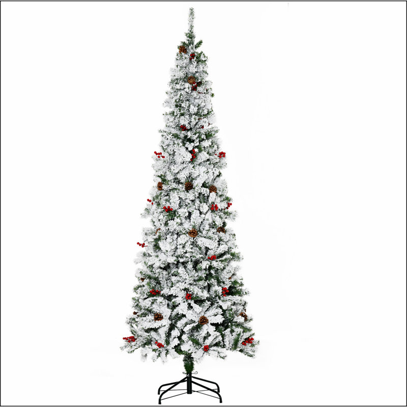 Arbre de Noël artificiel enneigé 9 pi avec branches de pin réalistes, pommes de pin, baies rouges, ouverture automatique, vert