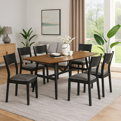 Ensemble de table de salle à manger 7 pièces Riera avec plateau en planches, 6 chaises en similicuir Riera