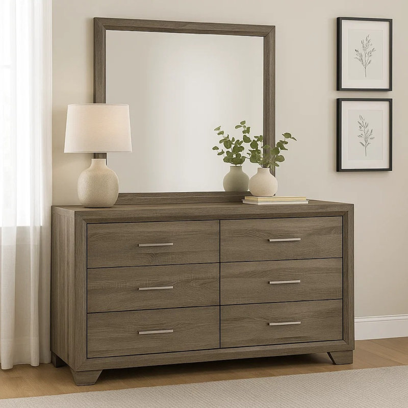 Commode large et miroir avec bordure en onglet Reay, bois de chêne brun