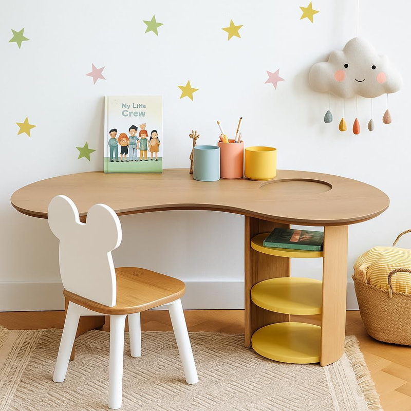 Bureau demi-lune en fer à cheval pour jouer et apprendre avec rangement
