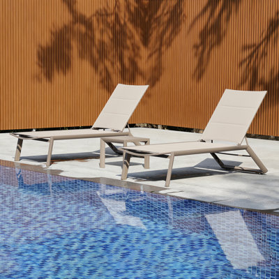 76.4'' Long Aluminum Outdoor Reclining Chaise Lounge Set of 2, Phifertex Sling Patio Lounge Chairs with Side Table, 660 lb Capacity